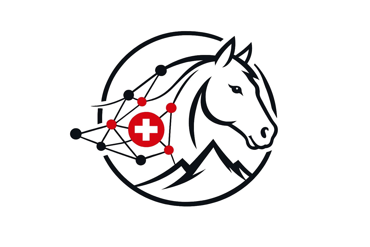 RossNetz-Logo mit Pferdekopf, Netzwerk und Schweizerkreuz